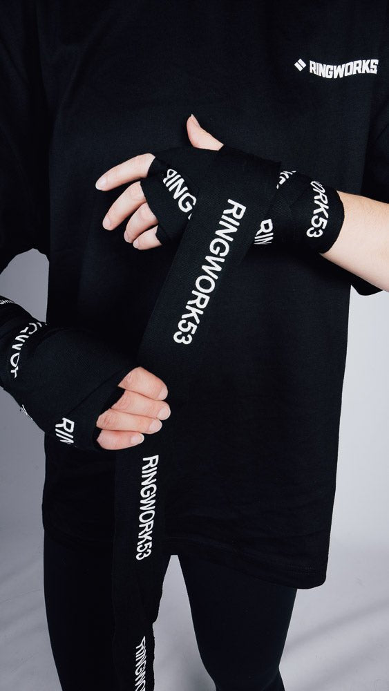 RINGWORK53 boxing hand wraps. oversized boxing t-shirt by RINGWORK53